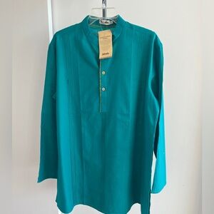 NWT FABINDIA Men's short Kurta Turquoise Teal Blue Woven 100% Cotton Nehru Med